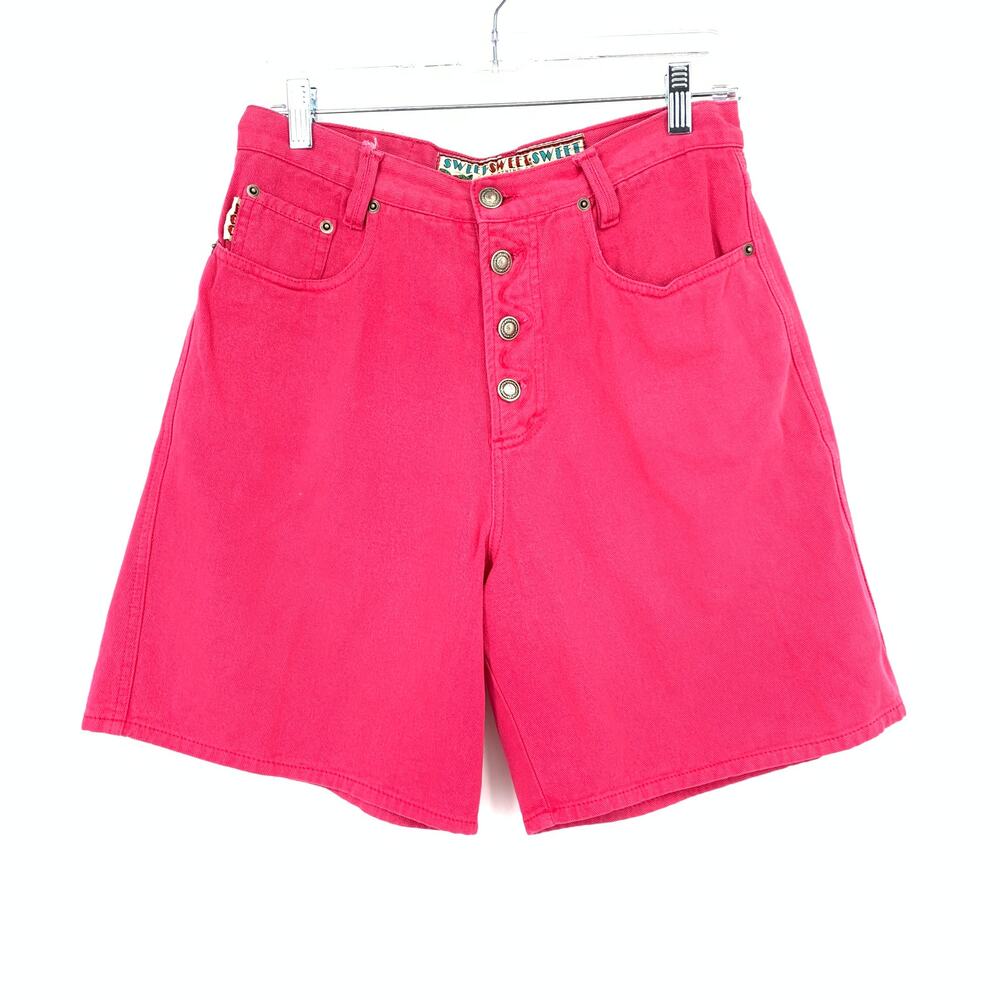 Vintage 90s Button Front Denim Shorts Womens Sz 30" High Rise Hot Pink